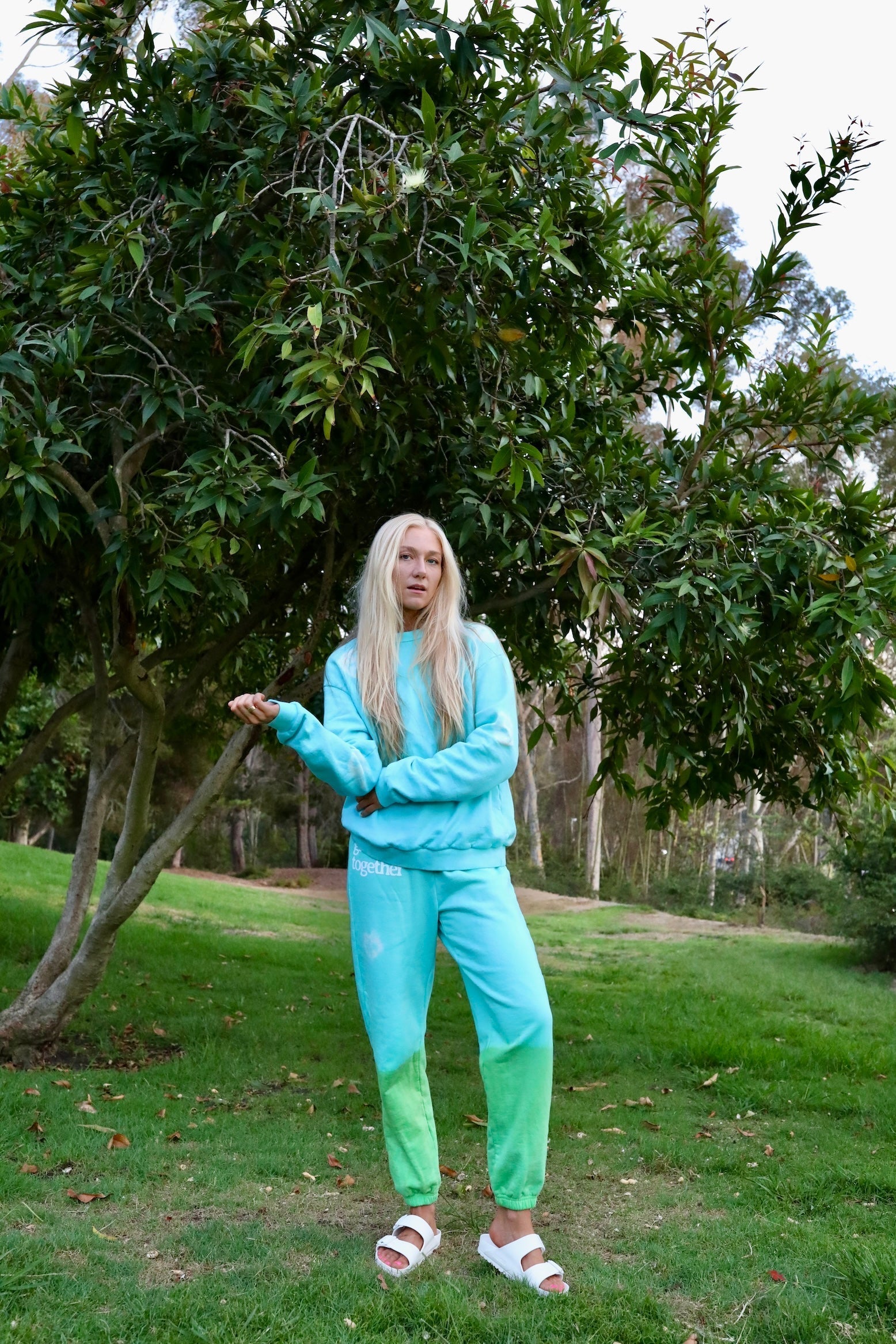 Sweatshirts collection photograph among leafy trees