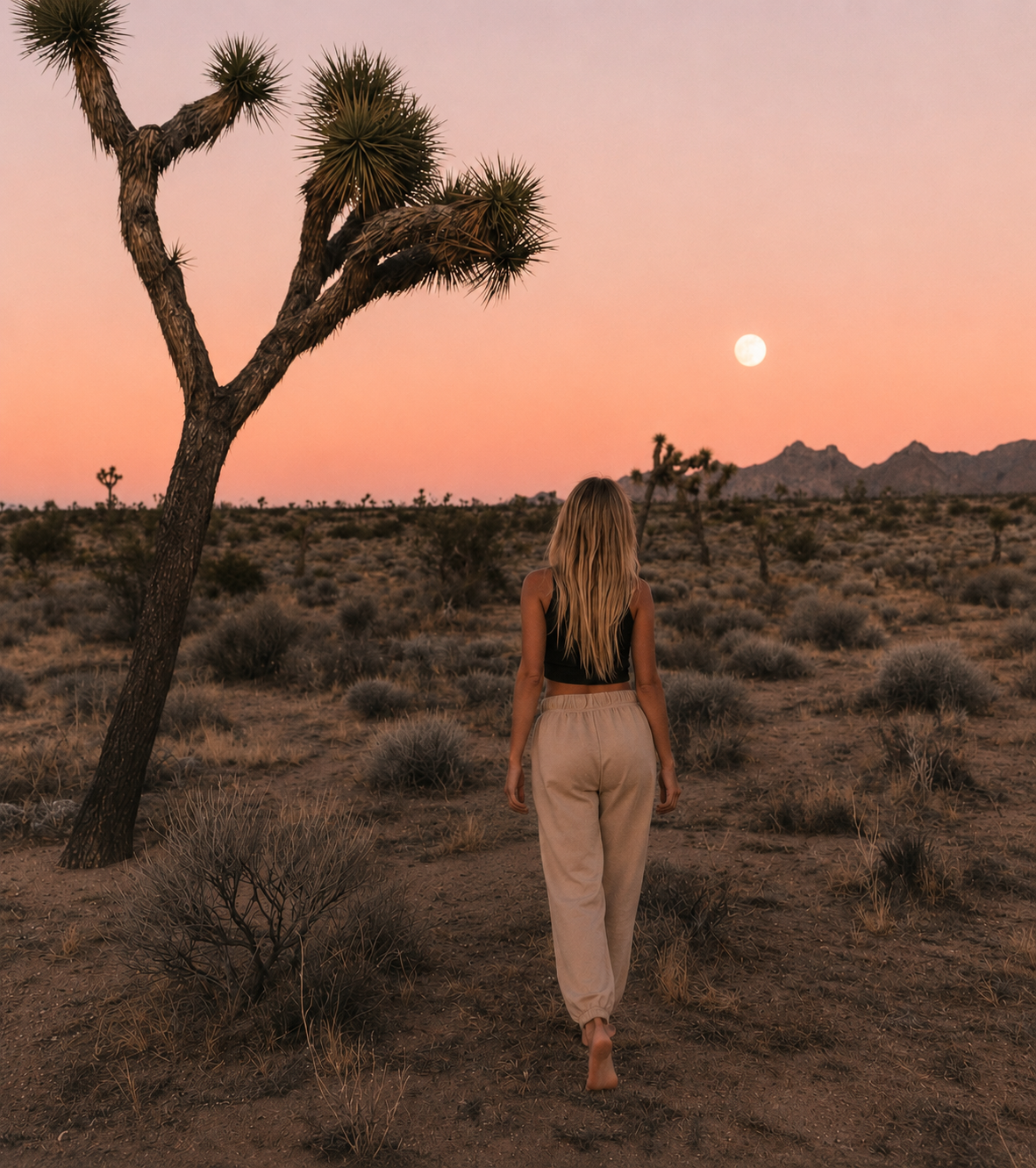 A person walking through a Joshua tree landscape at sunset